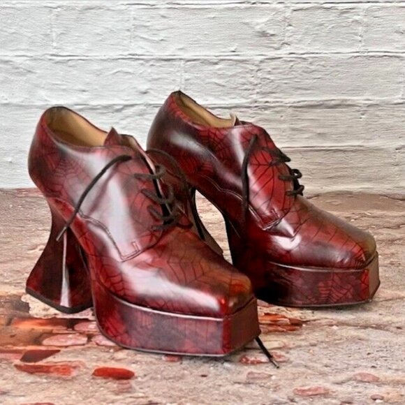Vintage OG 90’s London Underground Spiderweb Print Leather Coffin Heel Platforms - Picture 2 of 8
